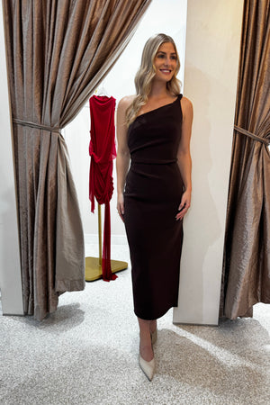Bec + Bridge Ariven Asym Midi Dress | Dark Chocolate