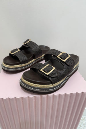 Billini Adonis Platform Slide | Chocolate Raffia