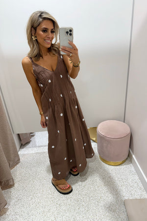 Chosen By Fifi & Annie The Hepburn Polka Maxi Dress | Chocolate