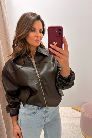 Chosen By Fifi & Annie The Carter Faux Leather Bomber Jacket | Dark Chocolate