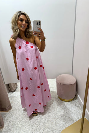 Chosen By Fifi & Annie The Polka Camillia One Shoulder Maxi Dress | Pink Polka