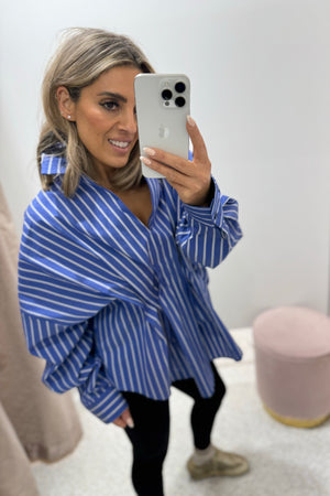 Chosen By Fifi & Annie the Esme Pleated Oversized Shirt | Dark Blue Stripes