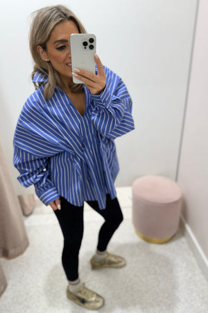Chosen By Fifi & Annie the Esme Pleated Oversized Shirt | Dark Blue Stripes