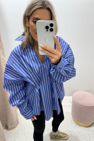 Chosen By Fifi & Annie the Esme Pleated Oversized Shirt | Dark Blue Stripes