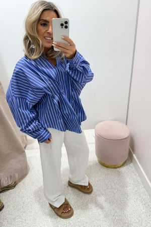 Chosen By Fifi & Annie the Esme Pleated Oversized Shirt | Dark Blue Stripes
