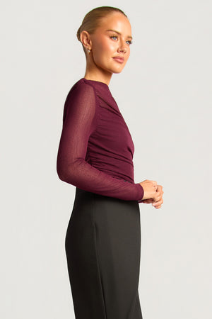 Chosen By Fifi & Annie The Asymmetric Hem Ruched Detail Sheer Mesh Top | Wine