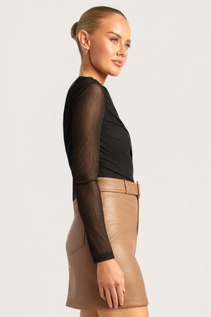 Chosen By Fifi & Annie The Asymmetric Hem Ruched Detail Sheer Mesh Top | Black
