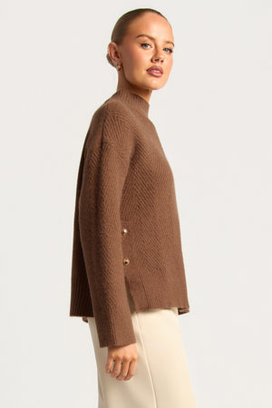 Chosen By Fifi & Annie The Relaxed Knit Jumper with Side Gold Buttons | Ash Brown