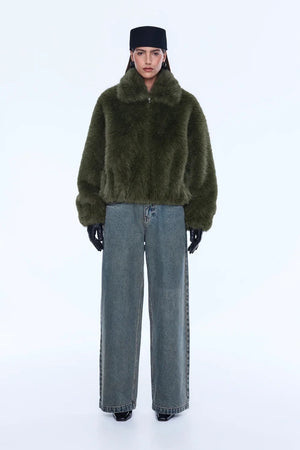 Ena Pelly Daphine Faux Fur Bomber | Olive