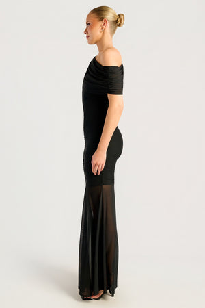 Chosen By Fifi & Annie The Drape Detail Mesh Maxi Dress | Black || PRE ORDER ETA 03/09/2026