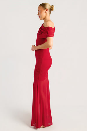 Chosen By Fifi & Annie The Drape Detail Mesh Maxi Dress | Red || PRE ORDER ETA 03/09/2026