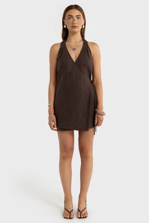 ORTC The Elise Linen Mini Wrap Dress | Carob