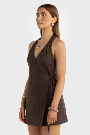 ORTC The Elise Linen Mini Wrap Dress | Carob