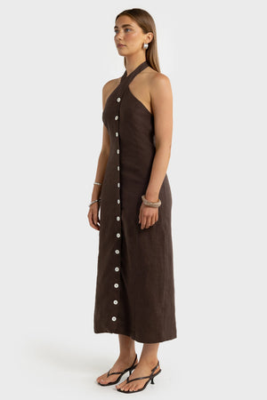 ORTC The Xandi Linen Halter Midi Dress | Carob