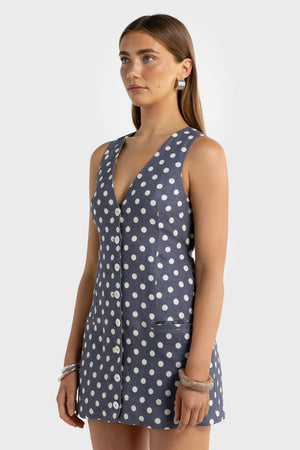 ORTC The Koda Linen Mini Dress | Harbour Blue Polka