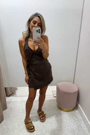 ORTC The Elise Linen Mini Wrap Dress | Carob