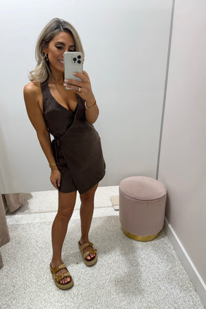 ORTC The Elise Linen Mini Wrap Dress | Carob