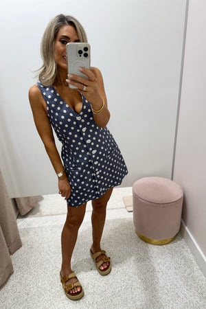 ORTC The Koda Linen Mini Dress | Harbour Blue Polka