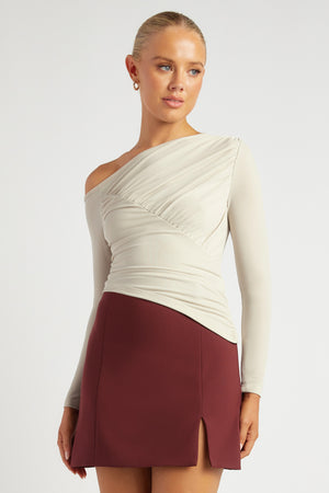 Chosen By Fifi & Anne The Camilla Off-Shoulder Ruched Detail Long Sleeve Top | Pearl