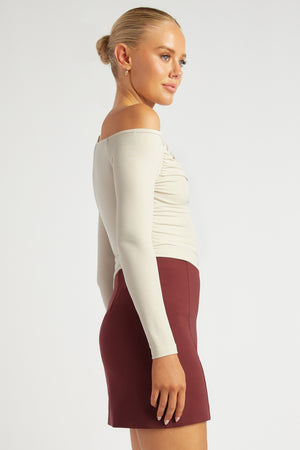 Chosen By Fifi & Anne The Camilla Off-Shoulder Ruched Detail Long Sleeve Top | Pearl