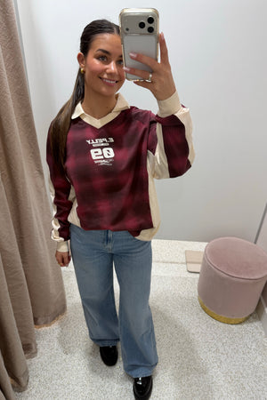Ena Pelly Josie Long Sleeve Polo | Burgandy Check