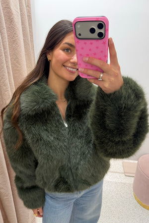 Ena Pelly Daphine Faux Fur Bomber | Olive