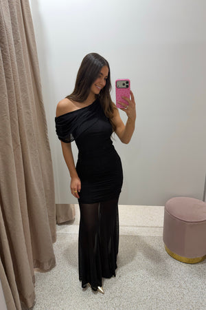 Chosen By Fifi & Annie The Drape Detail Mesh Maxi Dress | Black