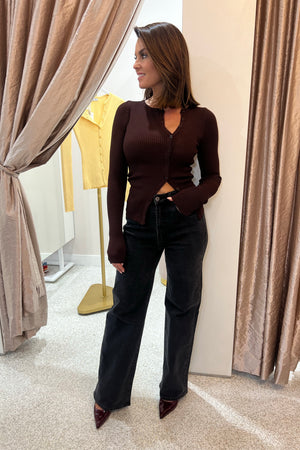 Chosen By Fifi & Anne The Ollie Ribbed Button Down Top | Chocolate || NEW COLOUR