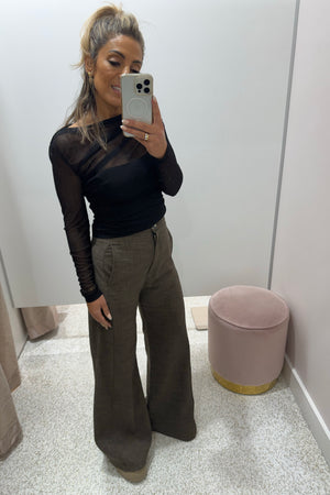 Chosen By Fifi & Annie The Asymmetric Hem Ruched Detail Sheer Mesh Top | Black