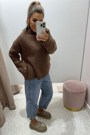 Chosen By Fifi & Annie The Relaxed Knit Jumper with Side Gold Buttons | Ash Brown