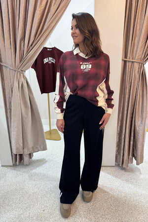 Ena Pelly Josie Long Sleeve Polo | Burgandy Check