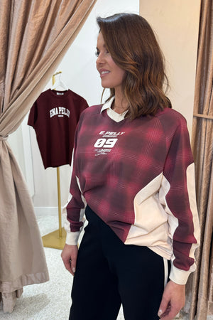 Ena Pelly Josie Long Sleeve Polo | Burgandy Check