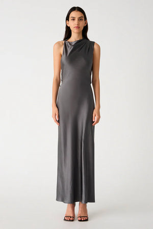 Misha Santana Gloss Satin Maxi Dress | Pewter