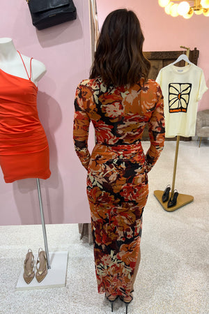 Shona Joy Rubi Gathered Midi Dress | Tangerine / Multi