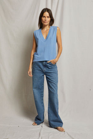 Perfect White Tee Margot Cotton Sleeveless V neck Tee | Carolina Blue