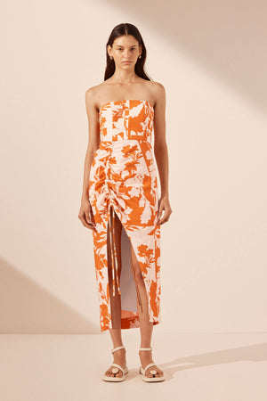 Shona Joy Casa Drawstring Midi Dress | Tangerine/Ivory