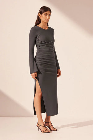 Shona Joy Beau Gathered Long Sleeve Midi Dress | Dark Ash