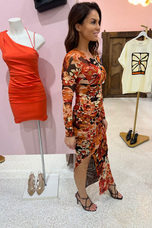 Shona Joy Rubi Gathered Midi Dress | Tangerine / Multi