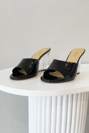 Siren Bear Clear Wedge Heel | Black Patent