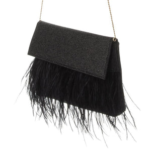 Olga Berg Mia Glitter Feather Trim Clutch Black