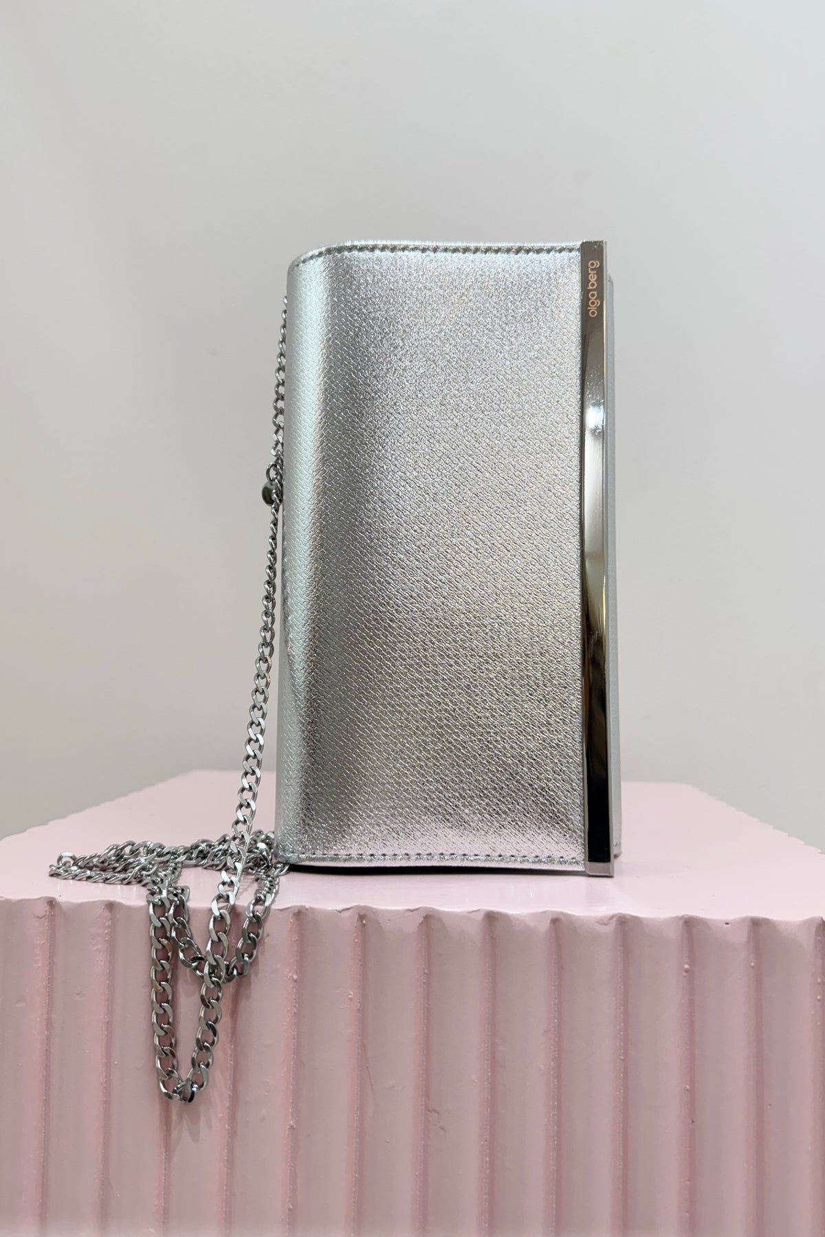 Olga Berg Maddie Metallic Embossed Fold Over Clutch | Silver