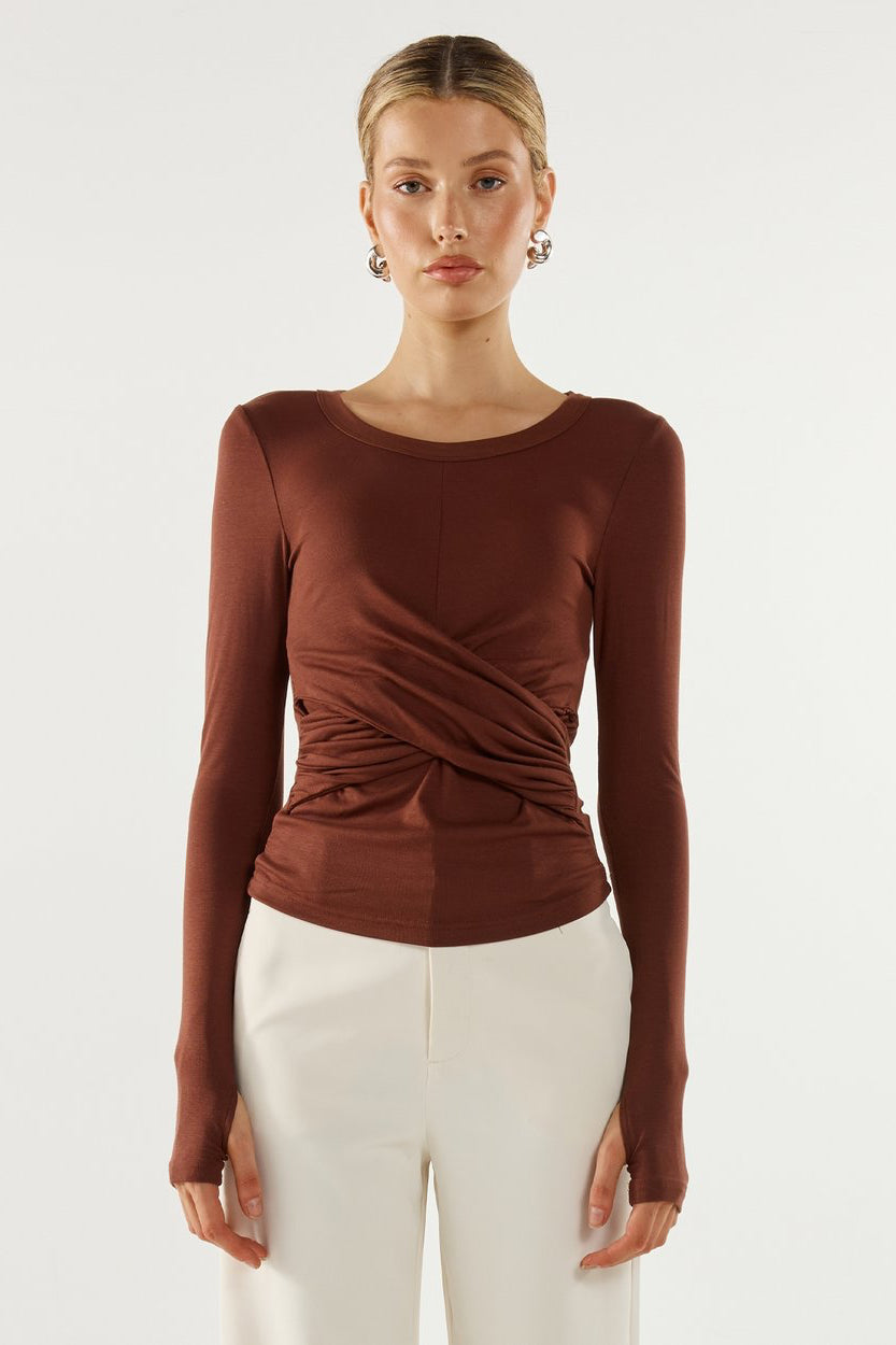 Madison The Koko Long Sleeve Top | Chocolate