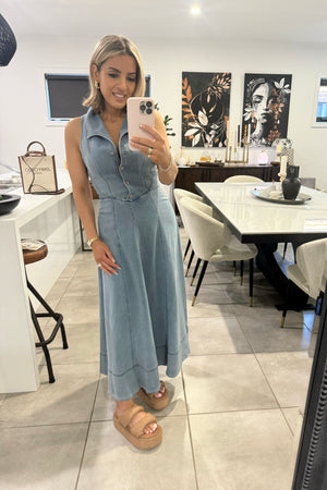 Chosen By Fifi & Annie A Date With Destiny Denim Midi Dress | Mid Blue