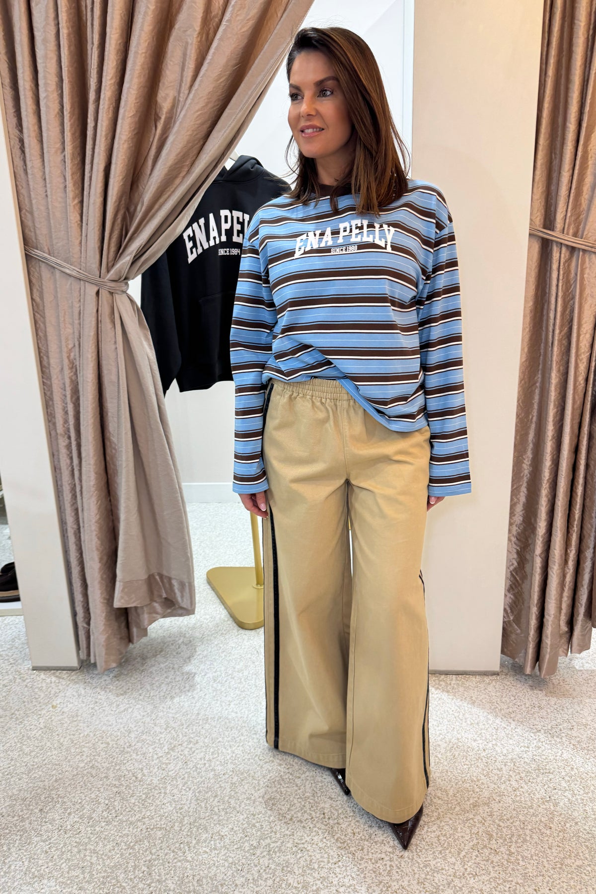 Ena Pelly Maria Boxy Long Sleeve Top | Blue/Brown Stripe
