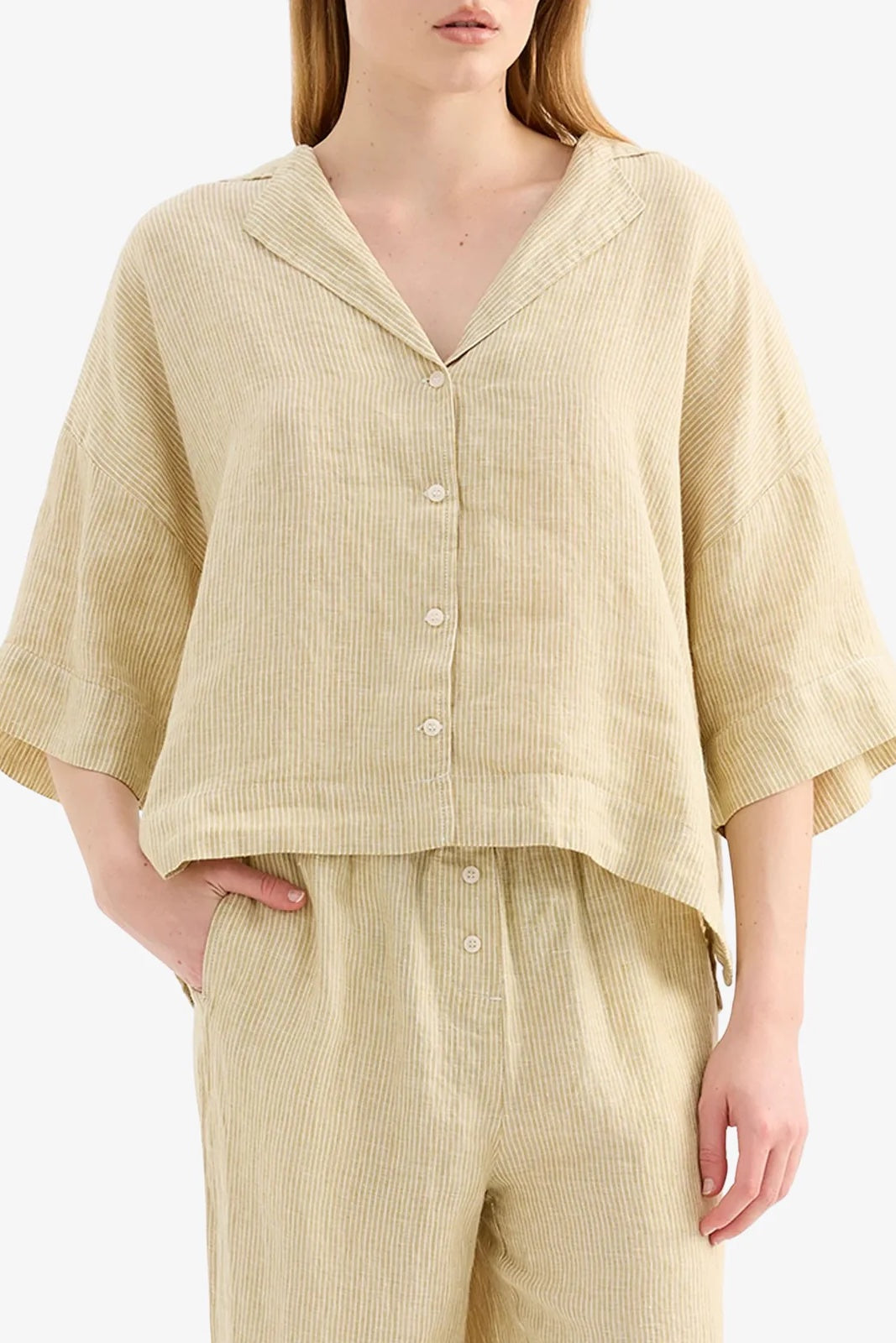 Nude Lucy Lounge Stripe Linen Shirt | Moss Stripe