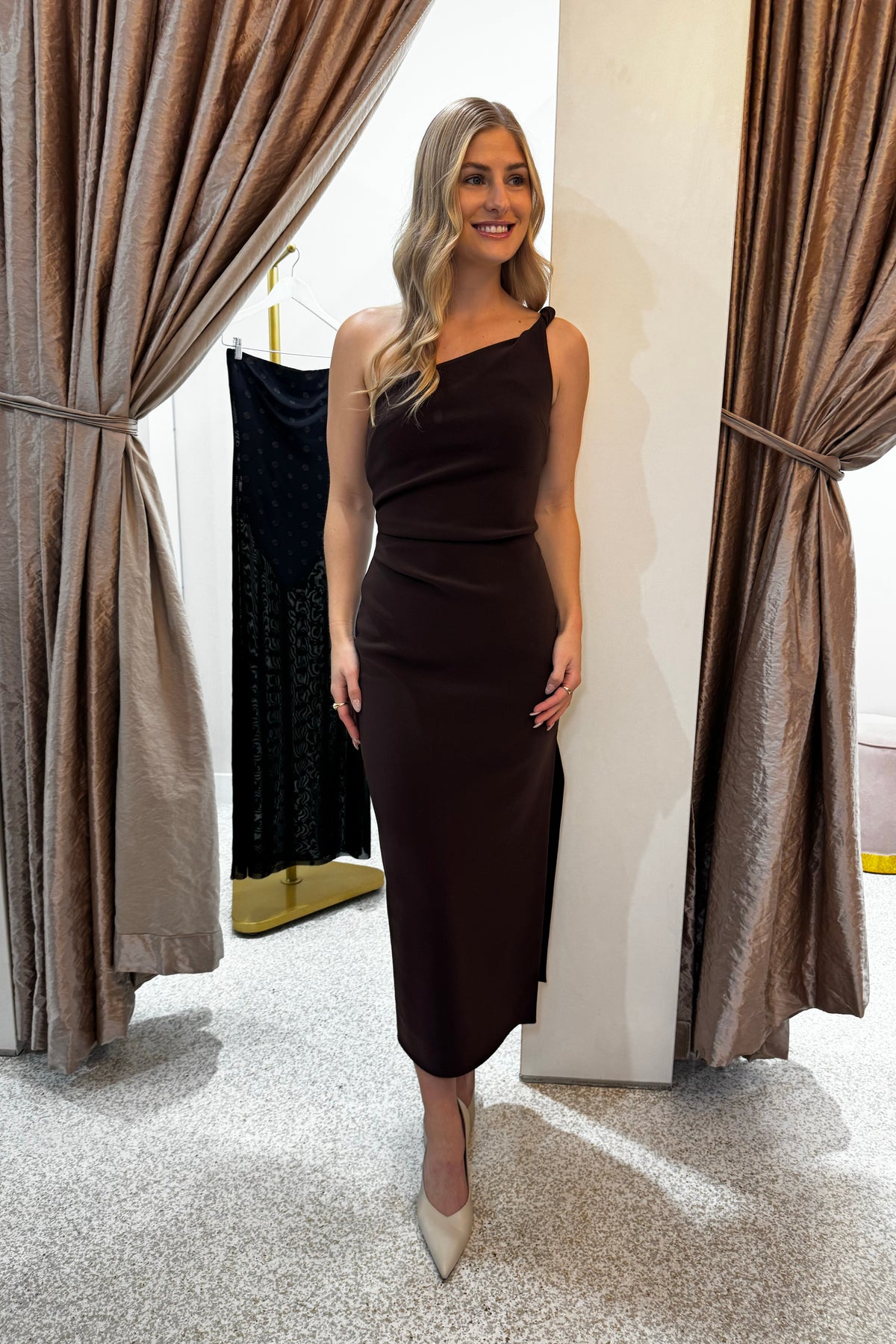 Bec + Bridge Ariven Asym Midi Dress | Dark Chocolate