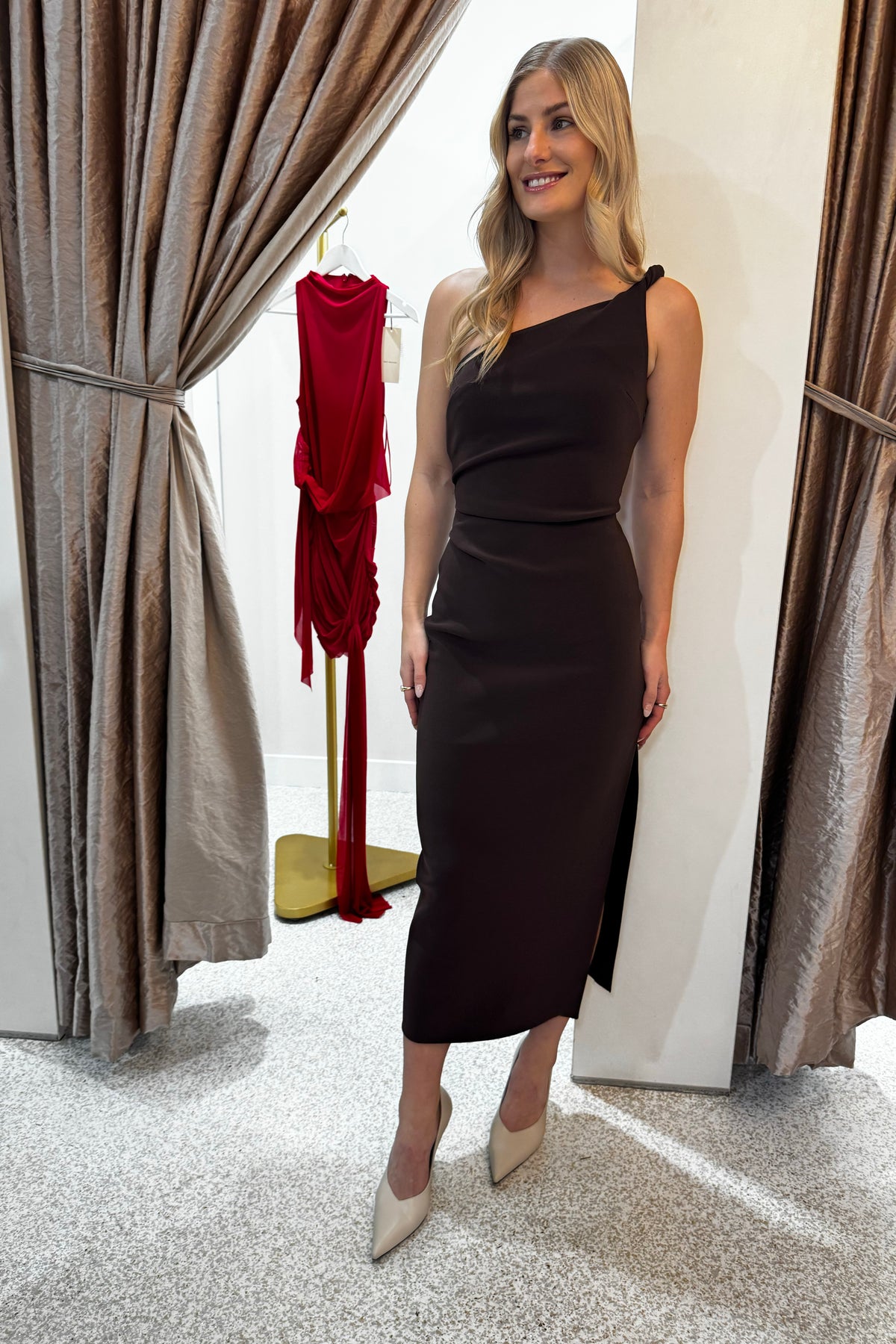 Bec + Bridge Ariven Asym Midi Dress | Dark Chocolate