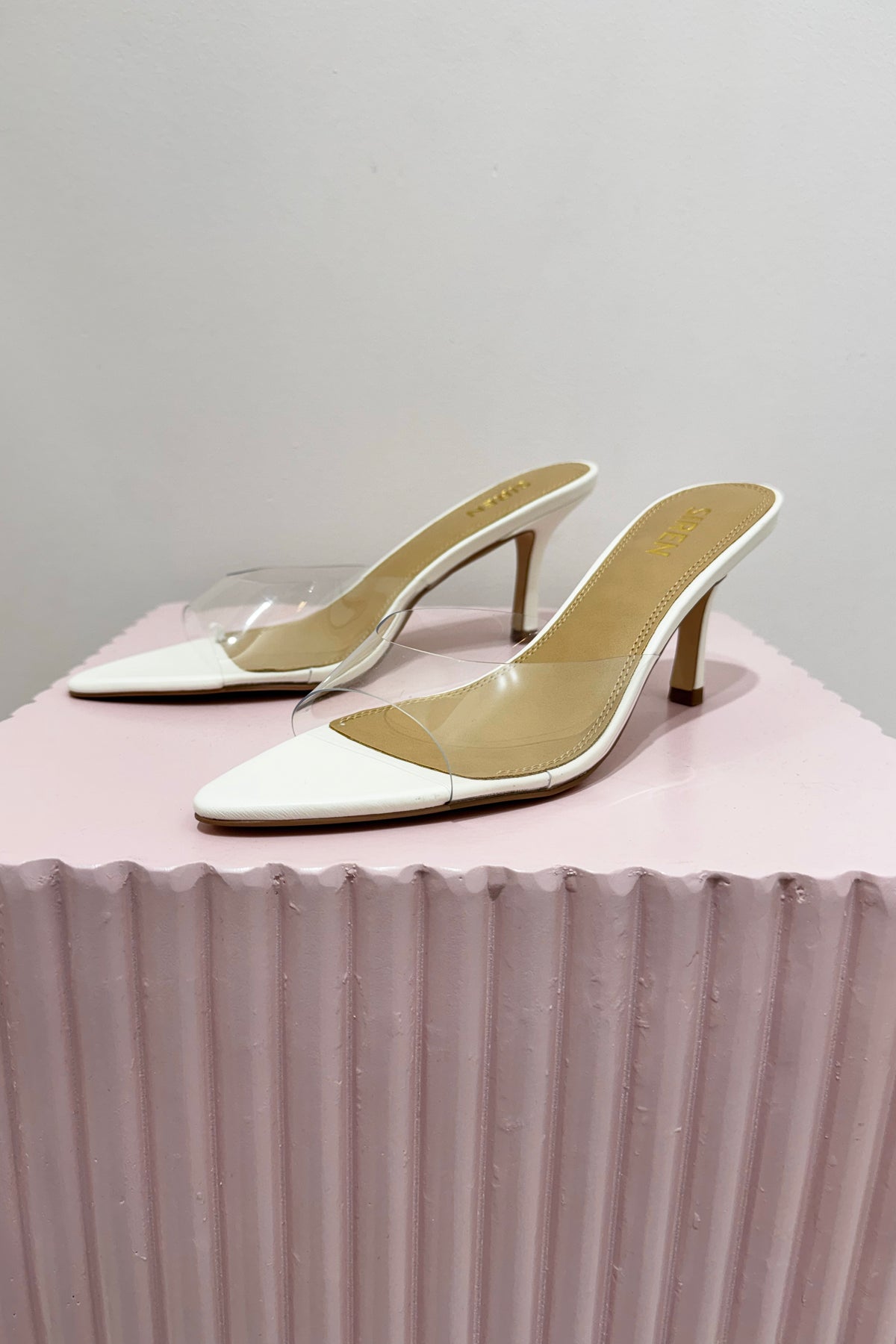 Siren Margot Point Toe Mules | Chalk White Leather & Vinylite