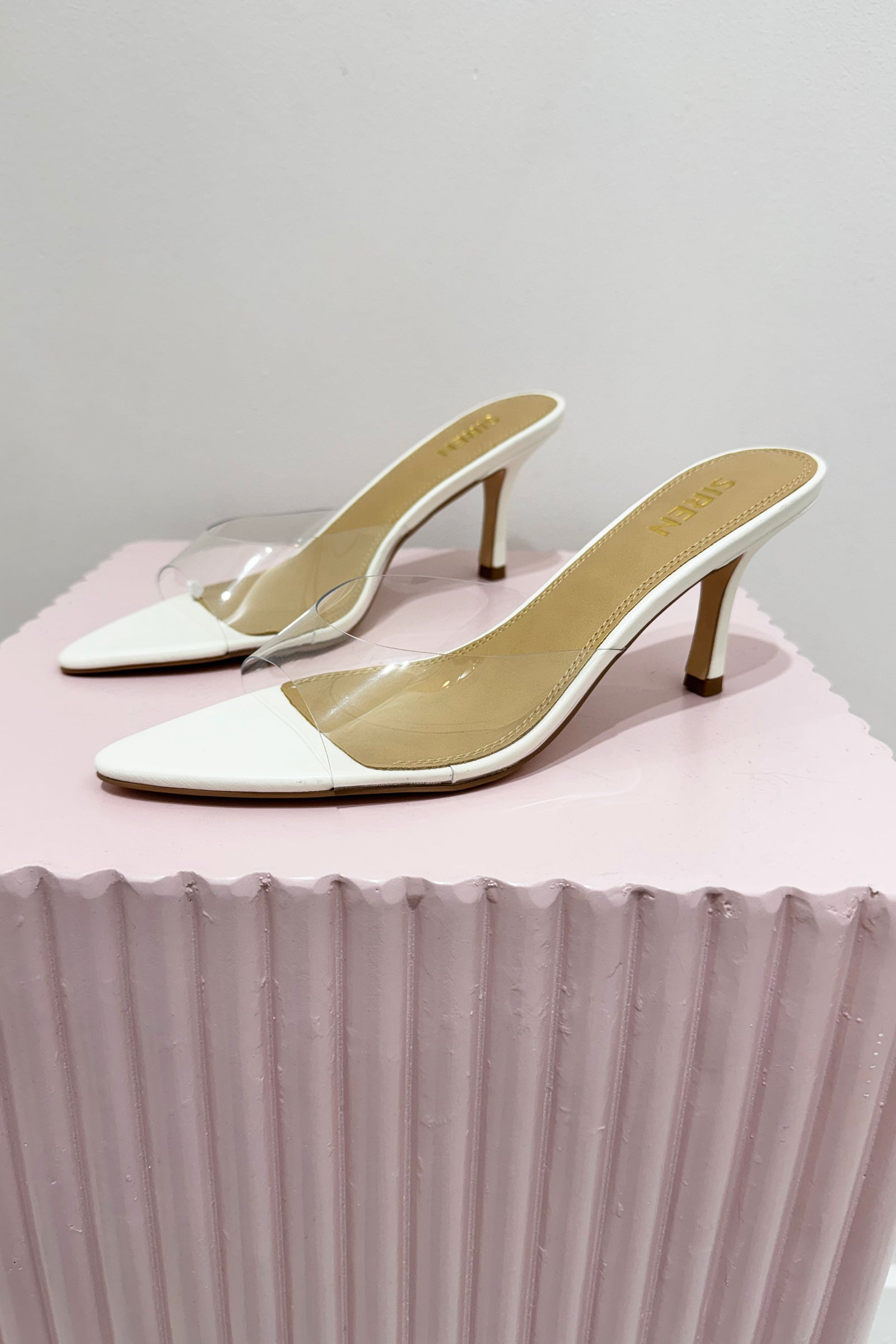 Siren Margot Point Toe Mules | Chalk White Leather & Vinylite