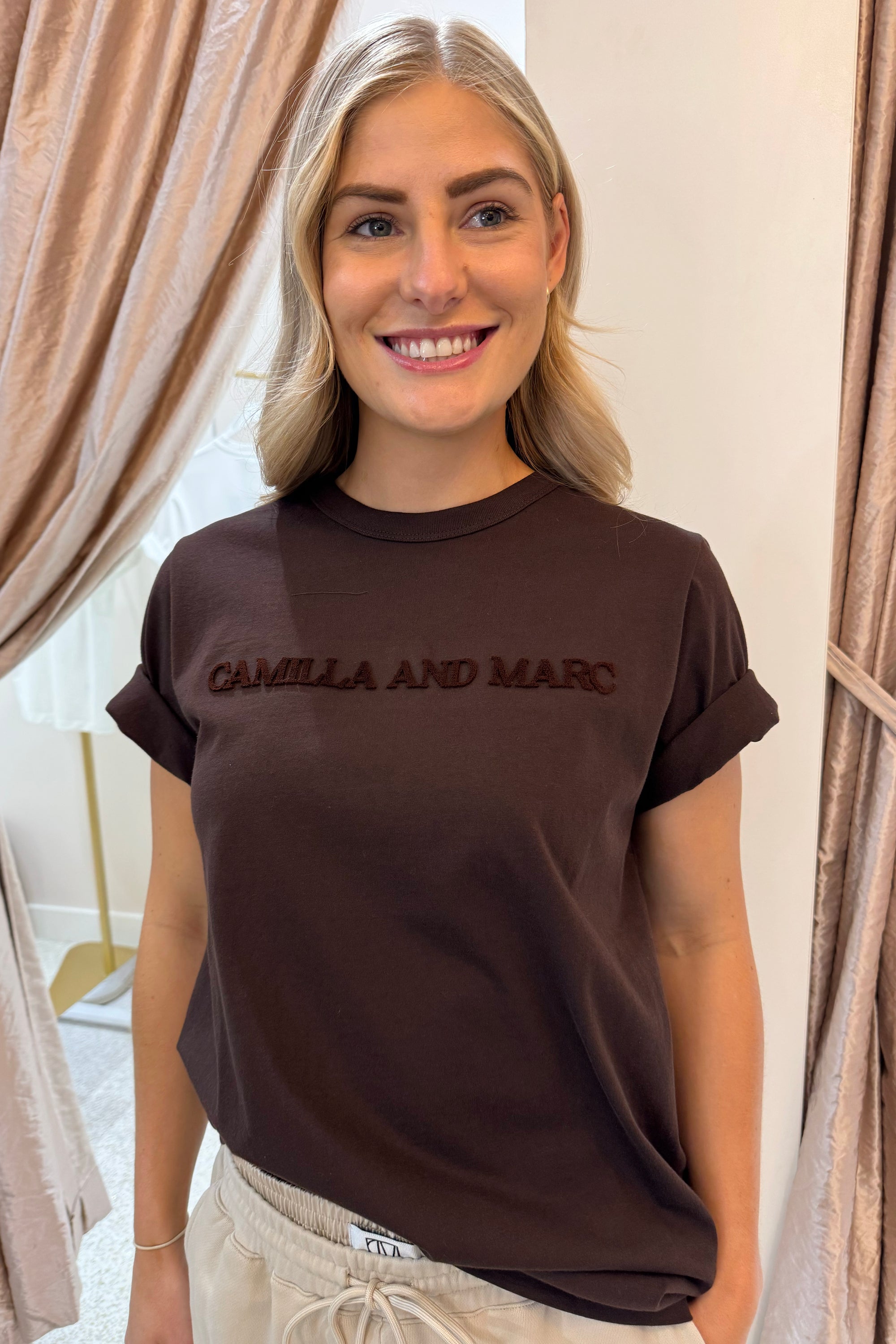 C&M Camilla & Marc Tia Flocking Logo Tee | Bitter Chocolate